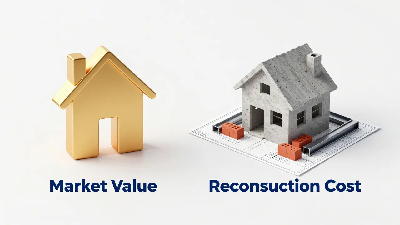 Konzeptgrafik zum Unterschied zwischen Marktwert und Wiederaufbaukosten eines Hauses.