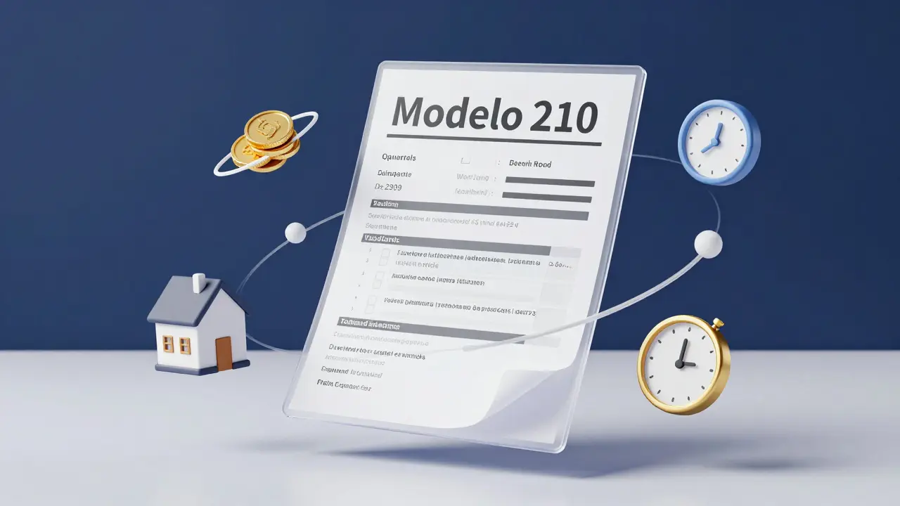 Konzeptionelle Darstellung des spanischen Steuerformulars Modelo 210 mit Finanzsymbolen.
