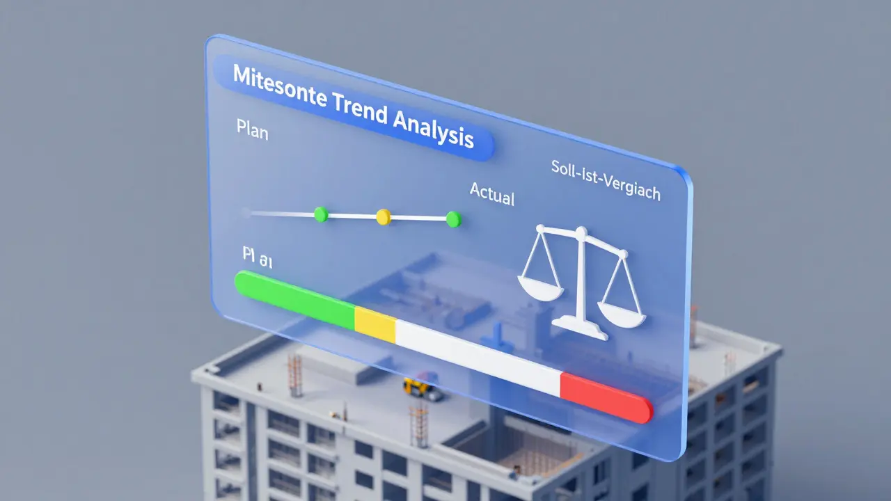 Konzeptionelles Dashboard mit KPIs und Ampelstatus über einer Baustelle.