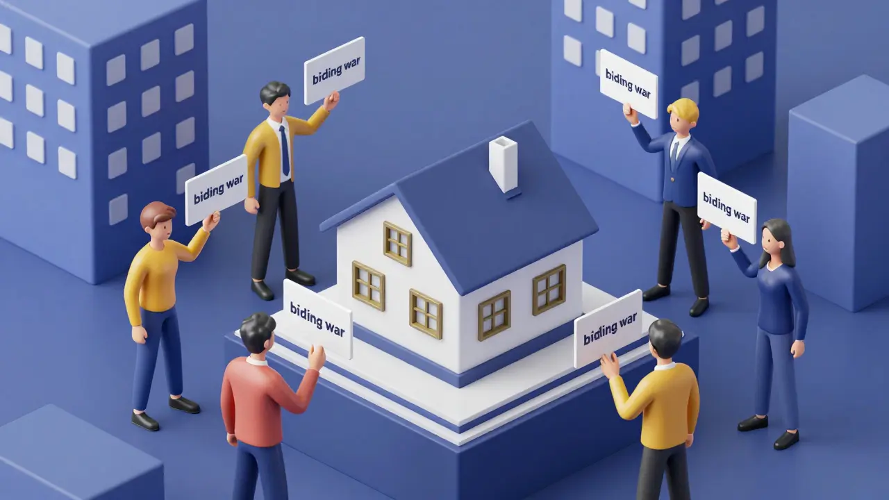 Konzeptuelle Darstellung eines Bieterwettstreits um ein modernes Haus in einer Großstadt.
