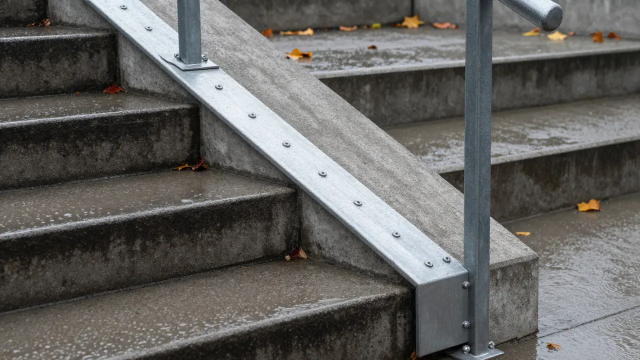 L-förmige Antirutschplatten aus Aluminium an einer Beton-Außentreppe bei Regen.