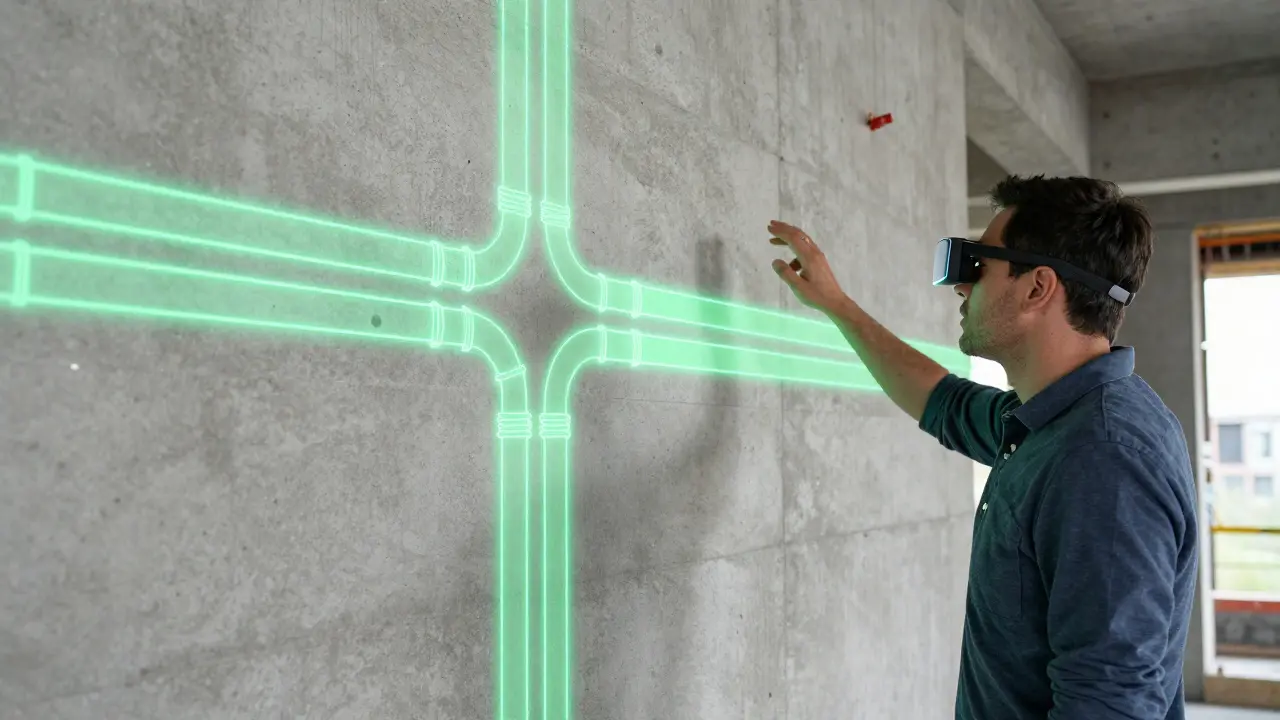 Mixed-Reality-Ansicht von geplanten Leitungen an einer realen Betonwand.