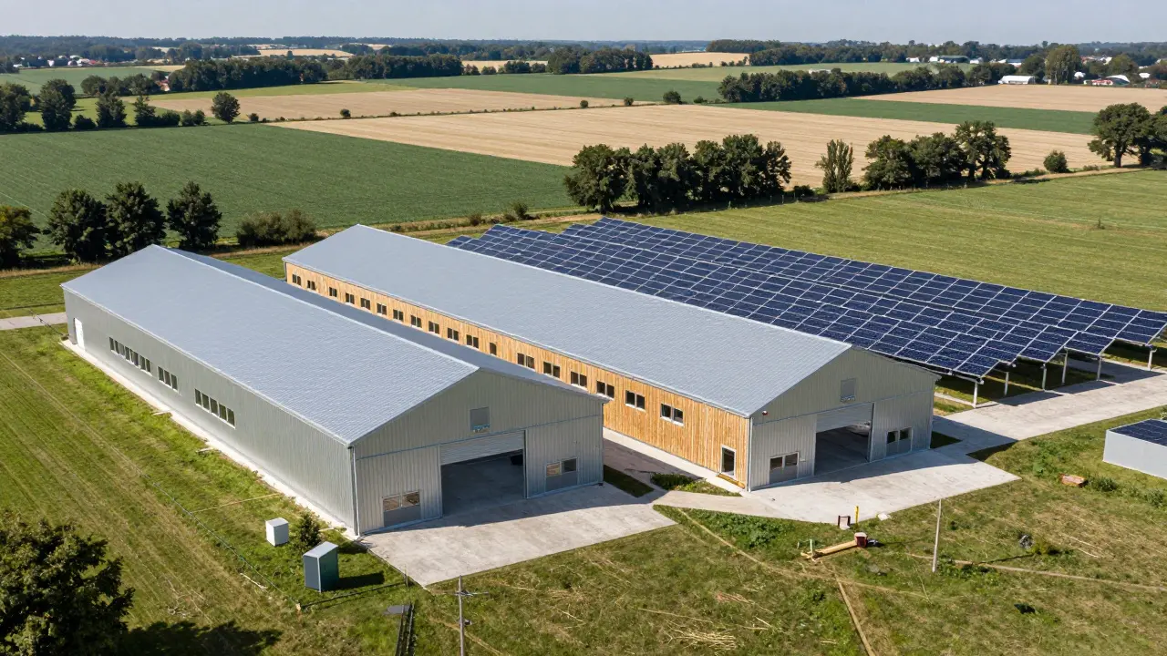 Moderner landwirtschaftlicher Bau mit Photovoltaikanlage in einer ländlichen Umgebung.