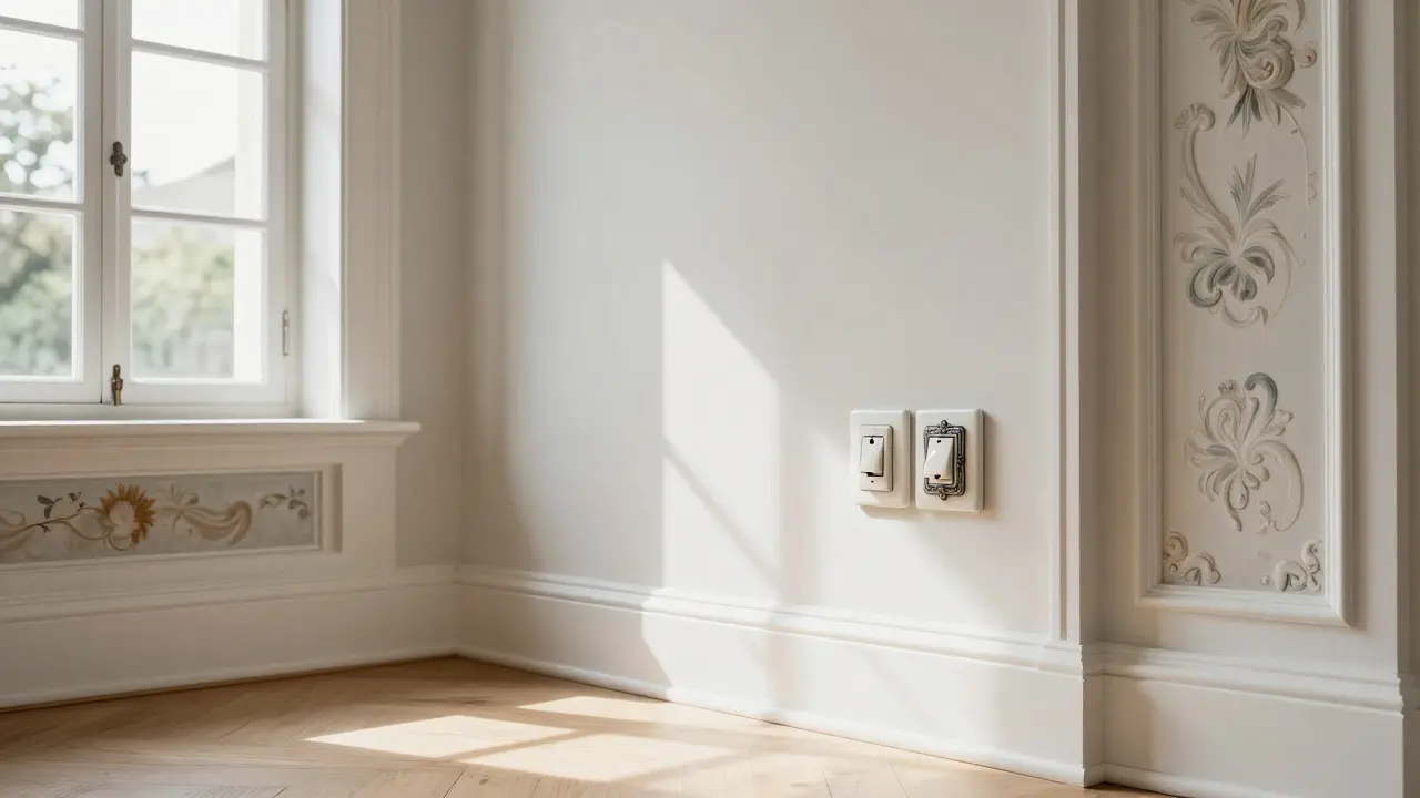 Modernisierte Elektroinstallation mit diskreten Kanälen und Vintage-Schaltern in einem Altbau.