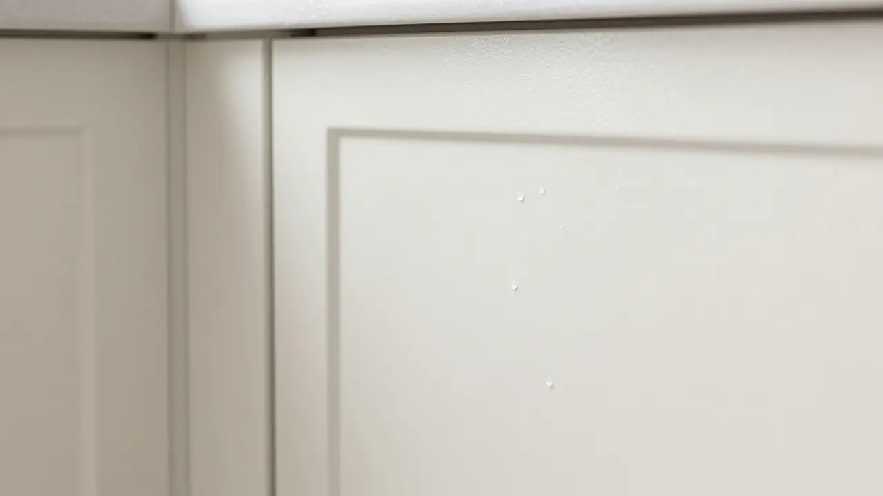 Nahaufnahme einer weiß-seidenglänzenden Küchenwand mit abperlenden Wassertropfen.