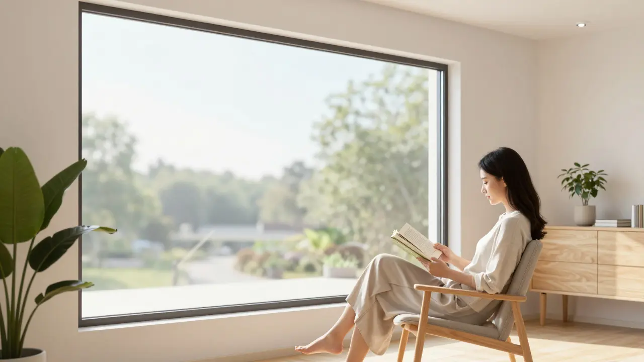 Person entspannt an einem neuen, energieeffizienten Fenster in einer hellen Wohnung.