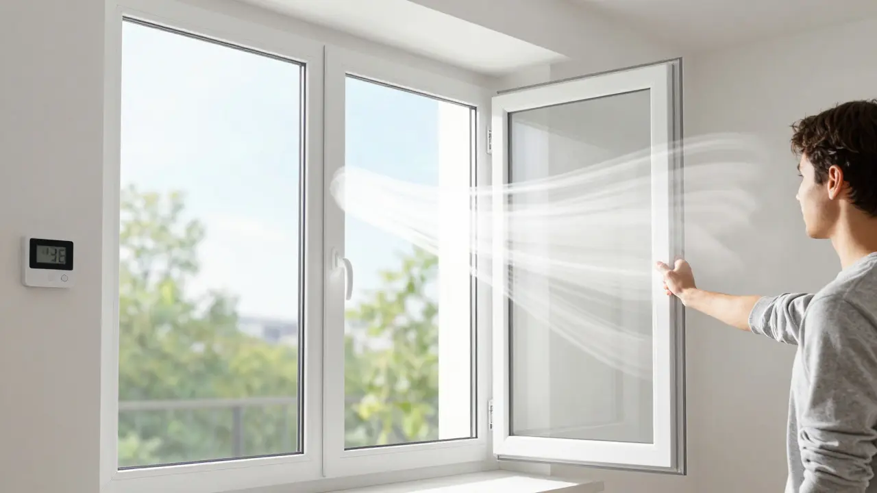 Person öffnet ein Fenster weit für eine effektive Stoßlüftung in einem hellen Raum.