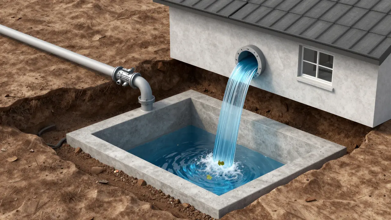 Querschnitt eines unterirdischen Regenwasserspeichers mit Filteranlage.