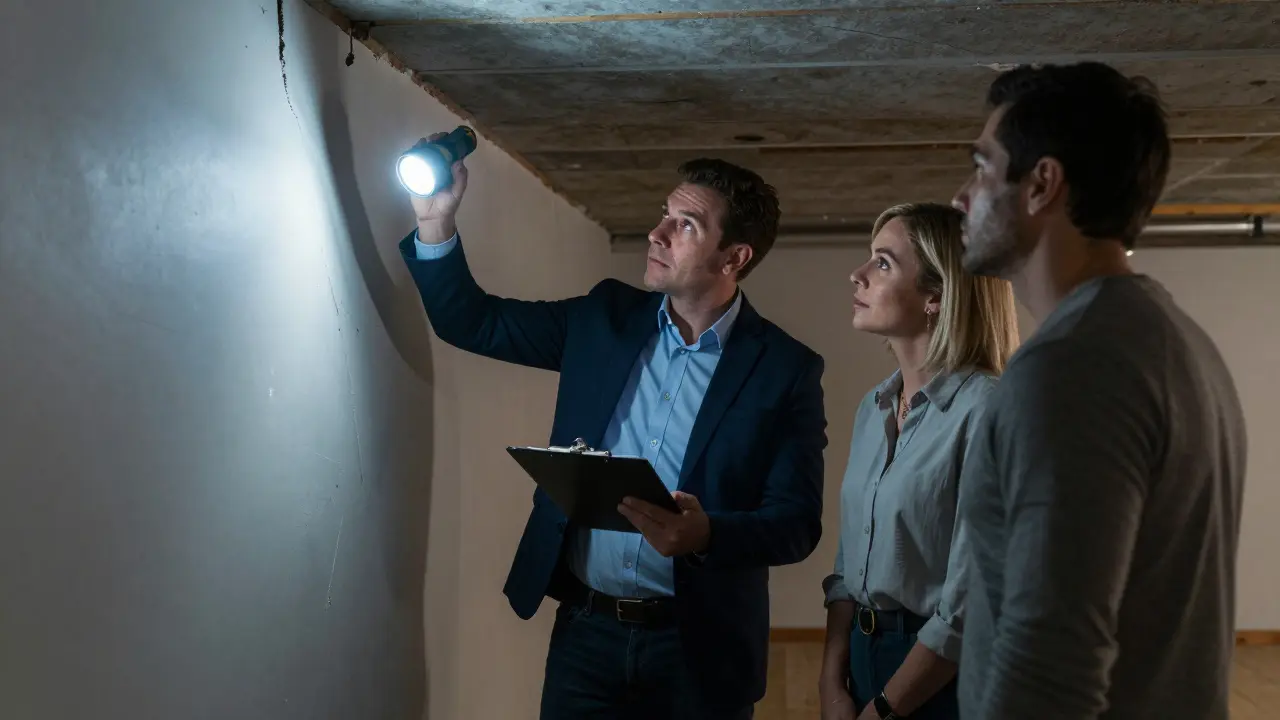 Sachverständiger und Hauskäufer prüfen die Kellerwände einer Immobilie.