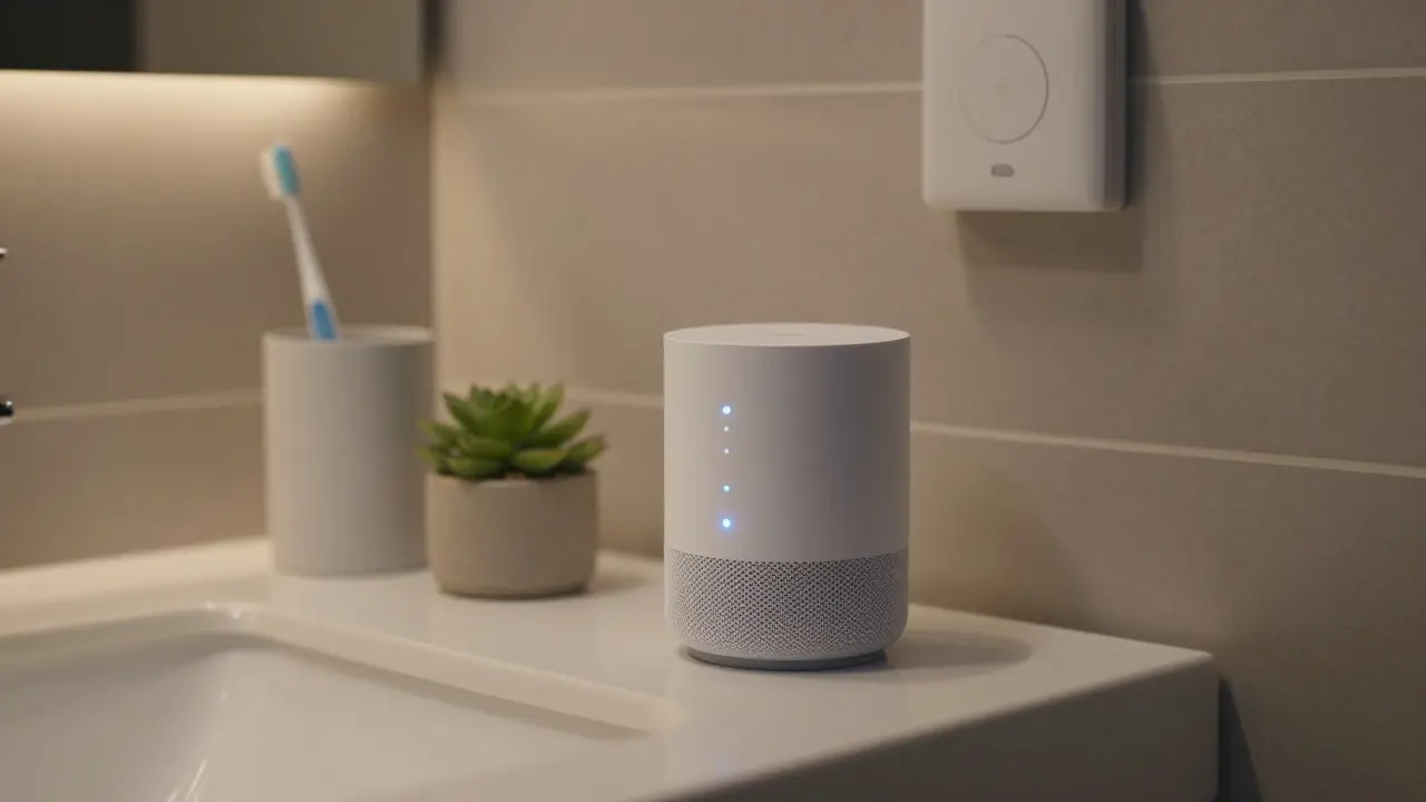 Smarter Home-Hub auf einem modernen Badezimmerwaschtisch.
