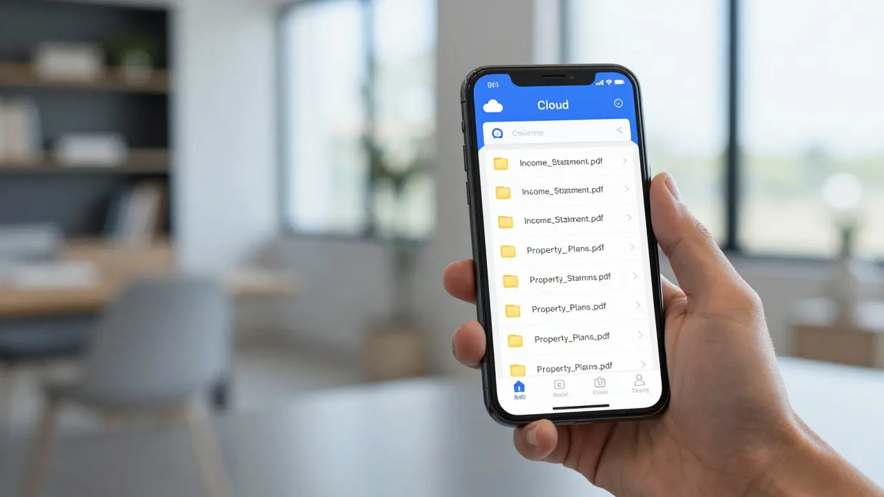 Smartphone mit digital organisiertem Cloud-Ordner für Immobilienunterlagen.