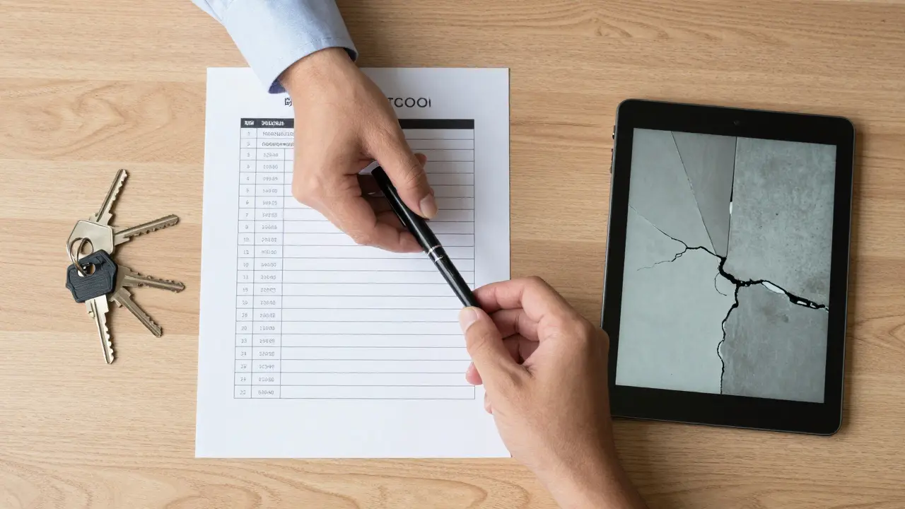 Übergabeprotokoll mit Stiften und Schlüsseln auf einem Holztisch in Draufsicht.