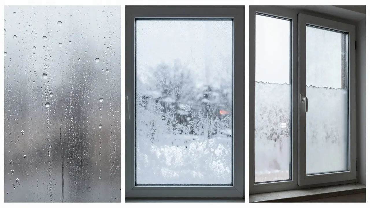 Vergleich von Innenbeschlag, Außenbeschlag und Feuchtigkeit zwischen zwei Glasscheiben.