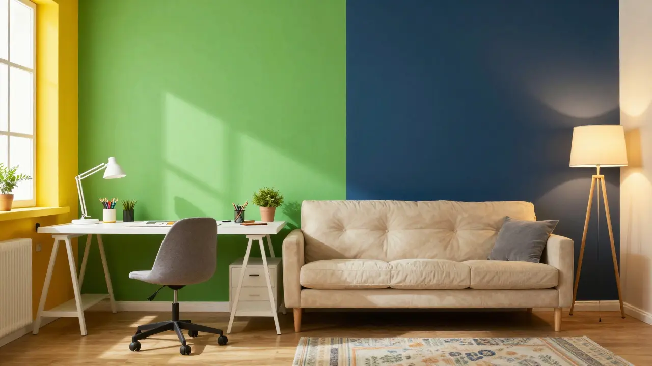 Vergleich zwischen einem energiegeladenen gelben Büro und einem gemütlichen blauen Wohnzimmer.