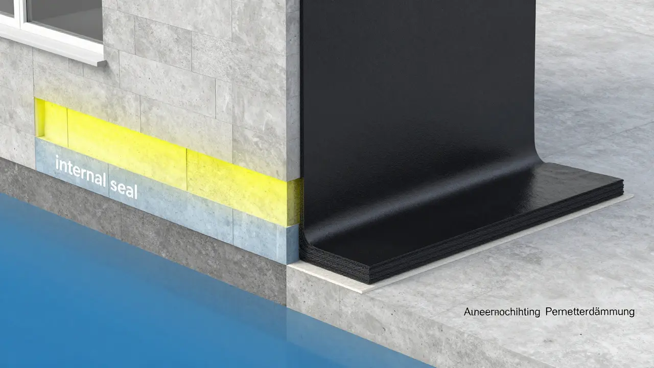 Vergleich zwischen Innenabdichtung und Außenabdichtung inklusive Perimeterdämmung.