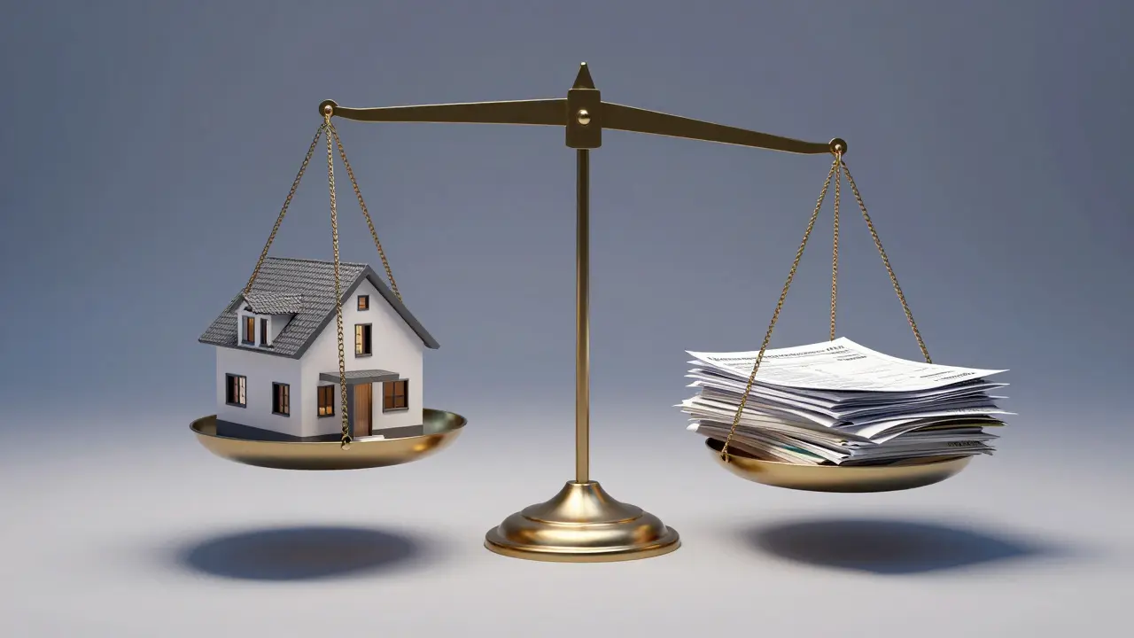 Waage mit einem Hausmodell und Finanzdokumenten zur Darstellung der Bonität.