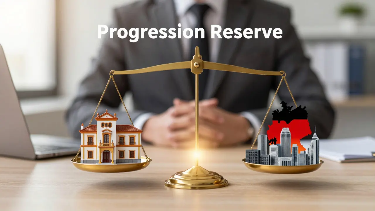 Waage mit spanischer Villa und deutscher Stadt als Symbol für die grenzüberschreitende Besteuerung.