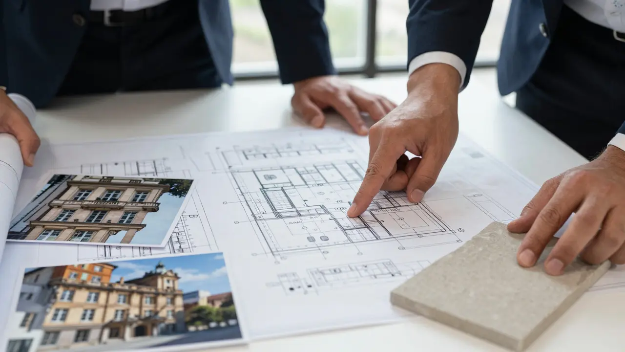 Architektenpläne und historische Baustoffproben auf dem Schreibtisch