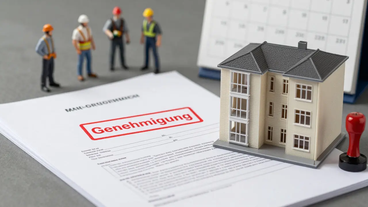 Baugenehmigungsunterlagen und Modell einer Einliegerwohnung