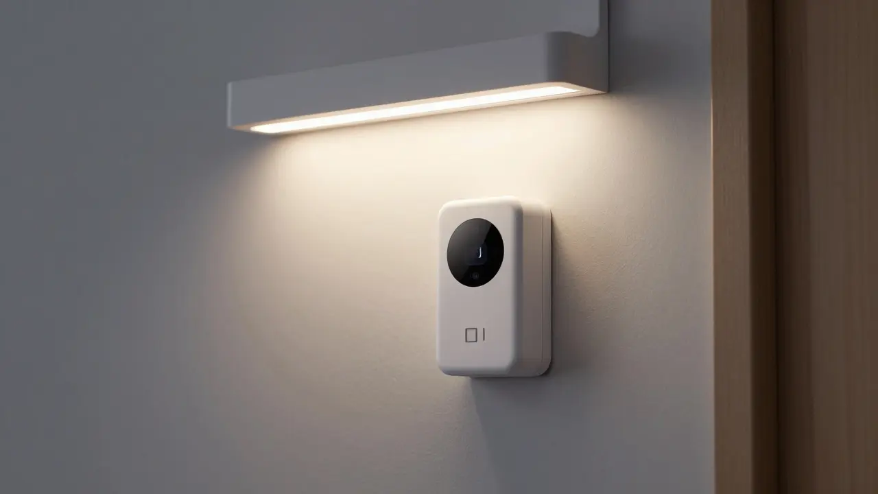 Bewegungsmelder und Sensor an der Wand neben LED-Beleuchtung