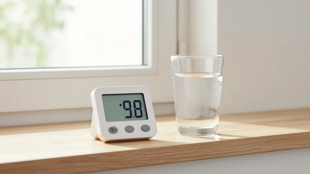 Digitales Hygrometer und Wasserglas auf der Fensterbank