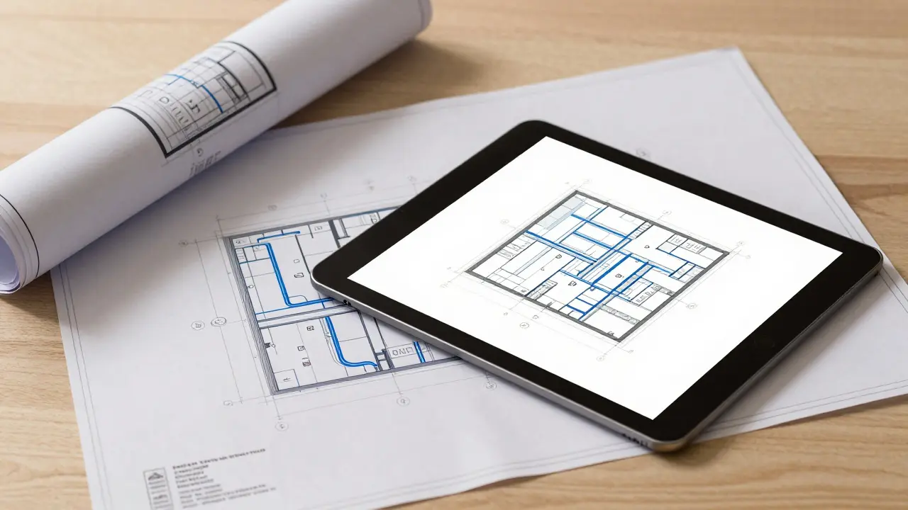 Elektroinstallationsplan auf dem Schreibtisch neben einem digitalen Tablet-Modell