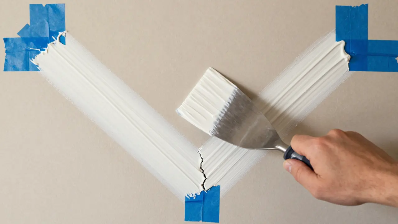 Hand, die Spachtelmasse mit einem Spachtel glatt auf eine Wand aufträgt.