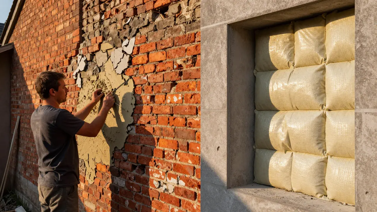 Handwerker bei der Restaurierung historischer Ziegel und Dämmung