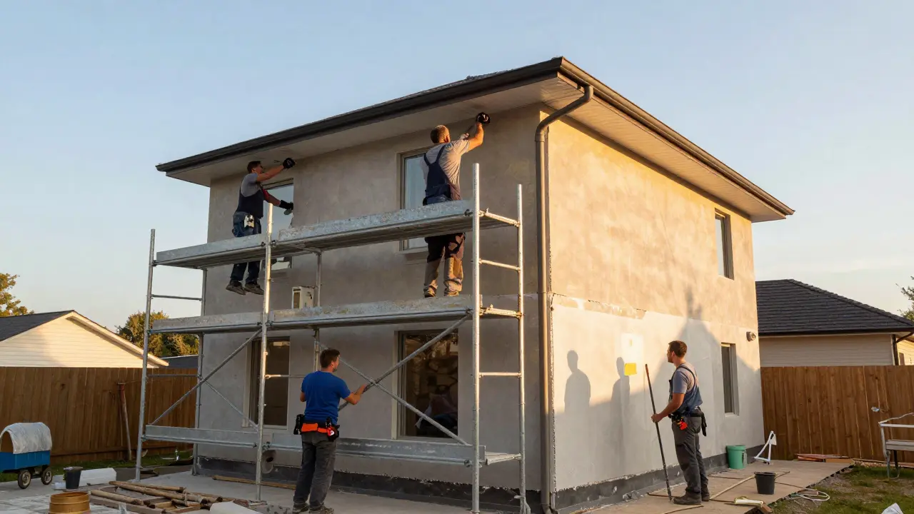 Handwerker koordinieren verschiedene Arbeiten gleichzeitig am Gerüst eines Hauses