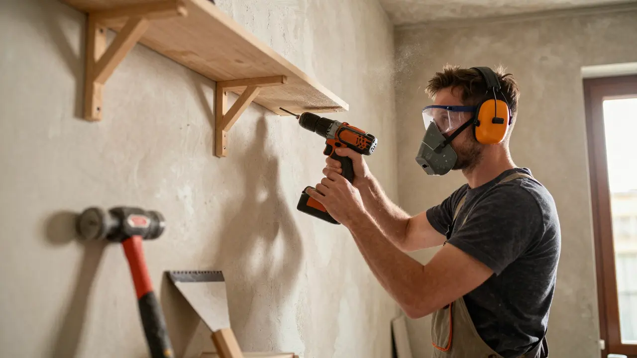 Heimwerker mit Schutzbrille und Bohrer bei Altbau-Renovierung