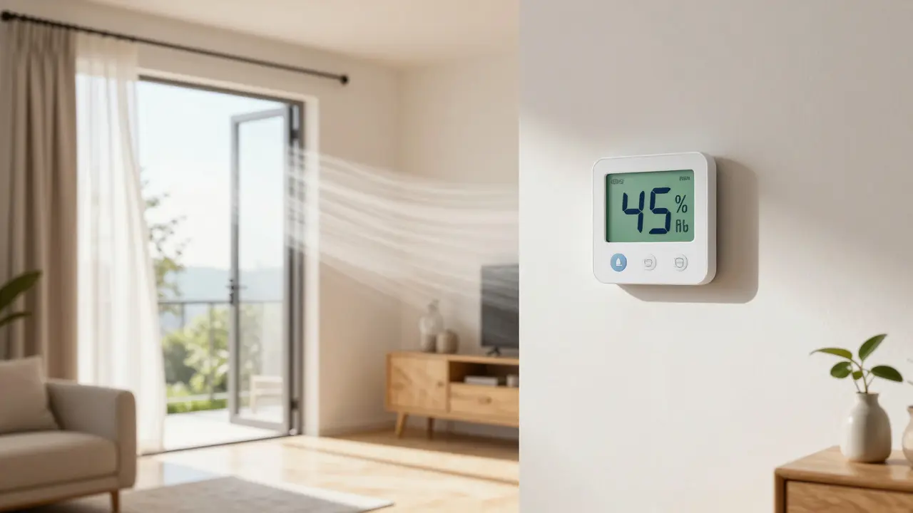 Helle Wohnung mit Hygrometer und offenem Fenster zur Schimmelprävention