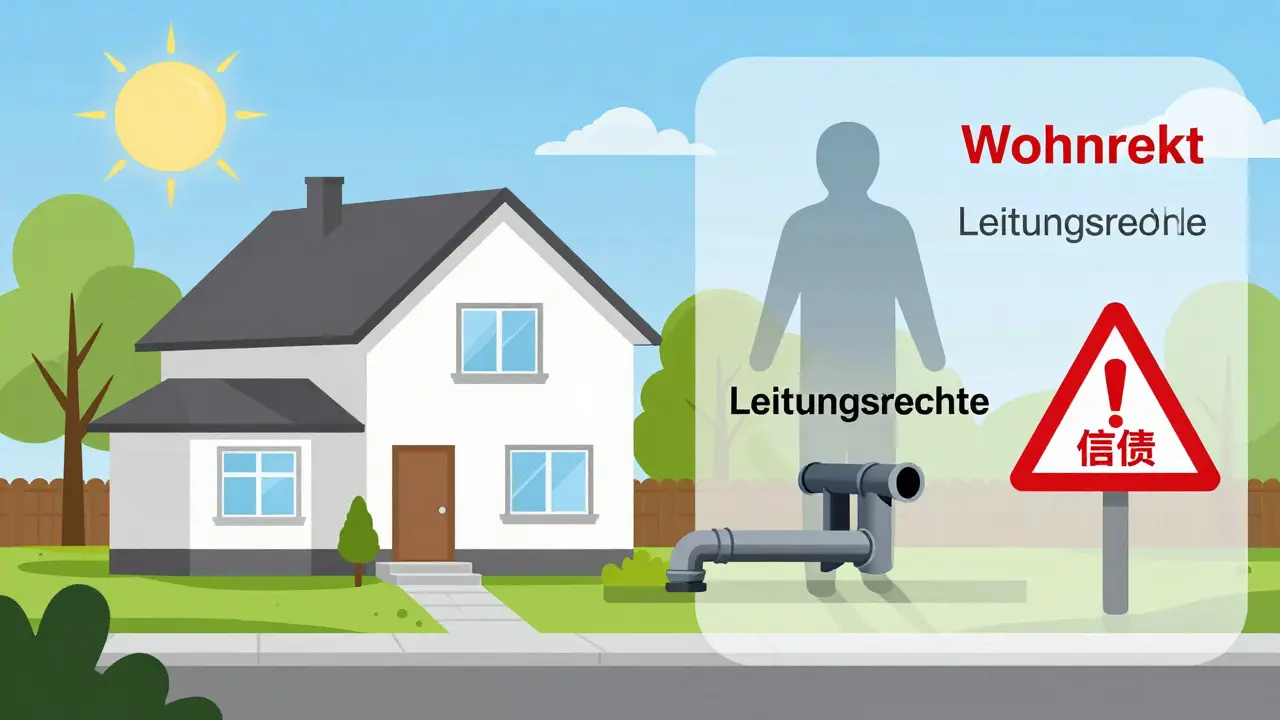 Illustration eines Hauses mit sichtbaren versteckten Belastungen wie Wohnrechten