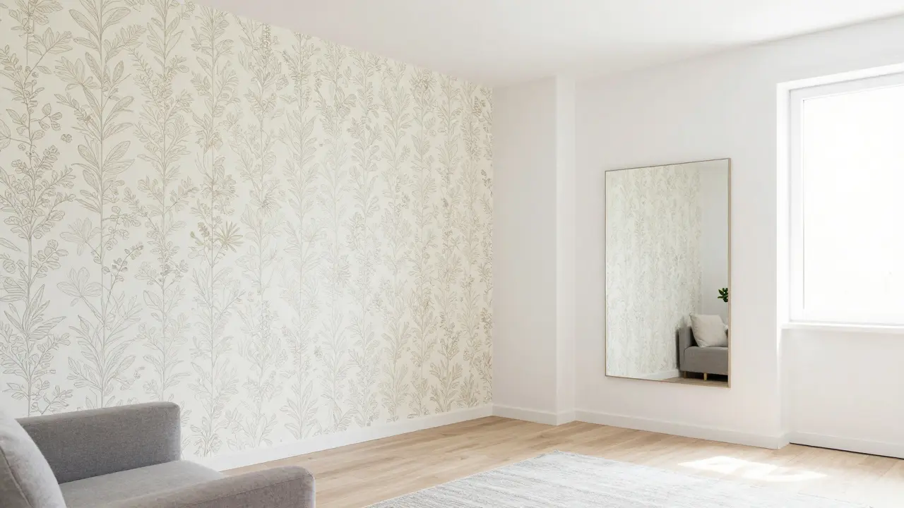 Kleines Wohnzimmer mit botanischer Akzentwand und Spiegel