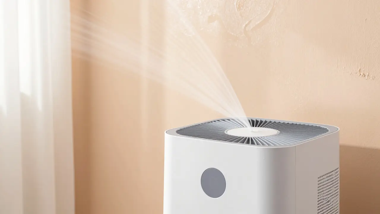 Luftentfeuchter neben frisch gestrichener Wand zur Kontrolle der Trocknungszeit