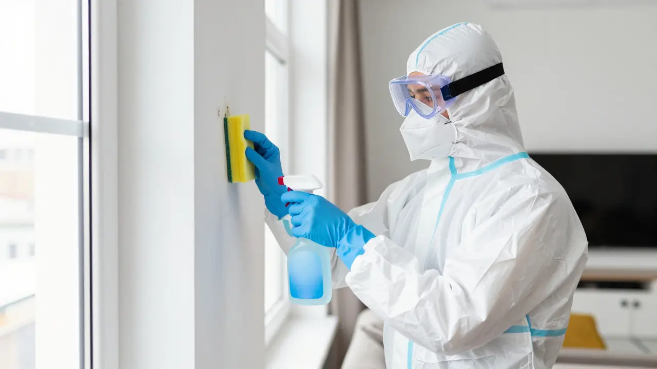 Person mit Schutzmaske und Handschuhen bereitet sich auf die Schimmelentfernung vor