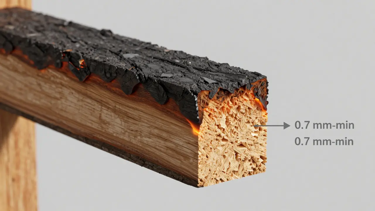 Querschnitt von Holz, das bei Hitze eine schützende verkohlte Schicht bildet