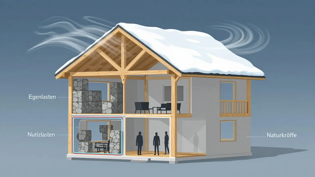 Schnittmodell eines Hauses zeigt Lastverteilung von Wänden und Schnee