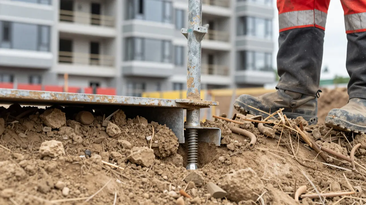 Spezielle Fundamente für das Gerüst auf unebenem Boden vor einer komplexen Fassade