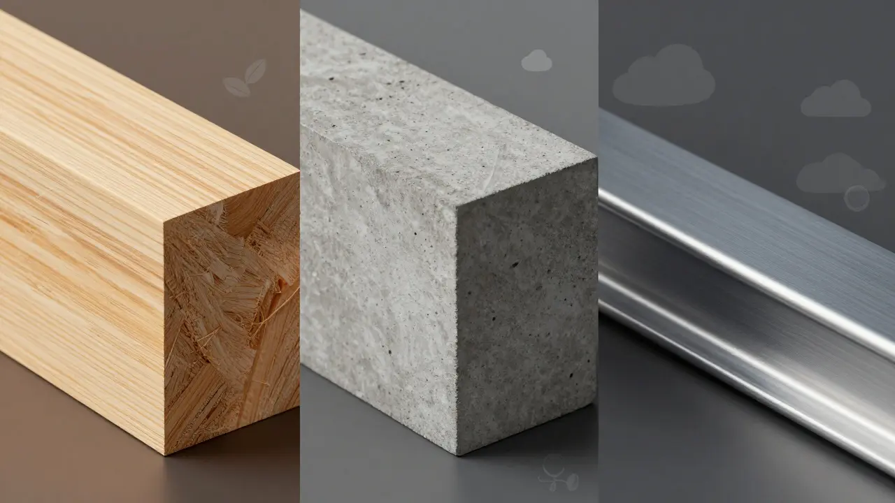 Vergleich von Holz, Beton und Stahl bezüglich Nachhaltigkeit und Eigenschaften
