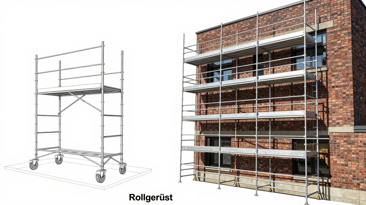 Vergleich von Rollgerüst und großem Fassadengerüst