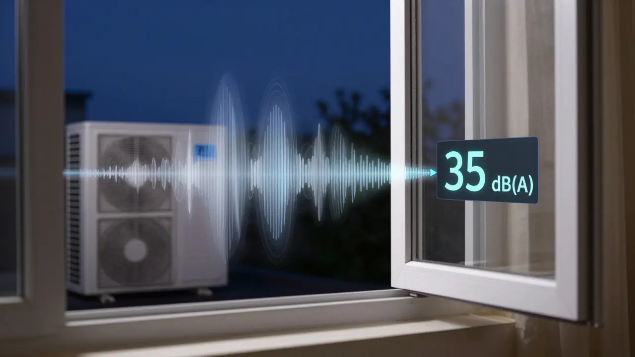 Visualisierung von Schallwellen einer Wärmepumpe zum offenen Fenster mit Dezibelanzeige