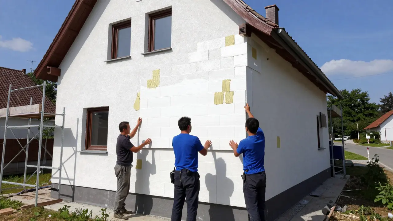Arbeiter montieren Dämmplatten auf der Fassade eines Wohnhauses