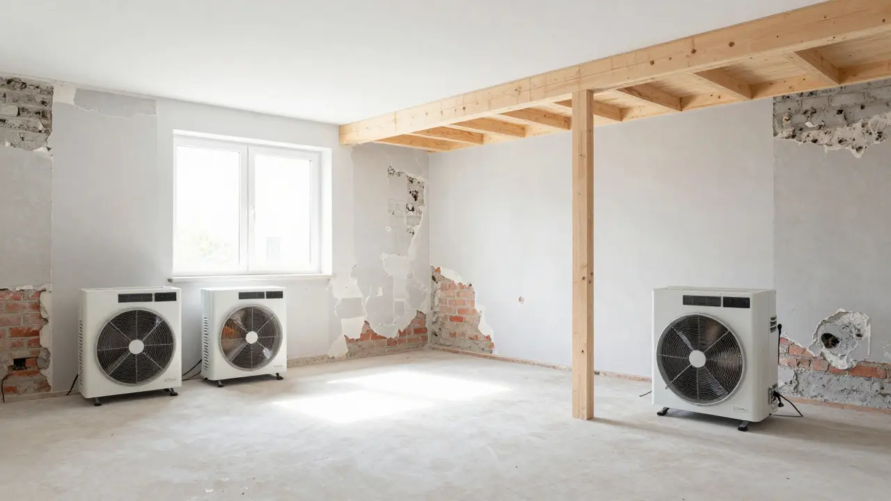 Getrockneter Keller mit neuen Holzbalken und Trocknungsgeräten nach Sanierung