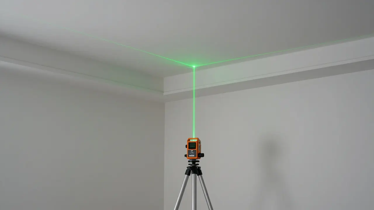 Grüne Laserstrahlen einer Wasserwaage an weißer Wand im Raum