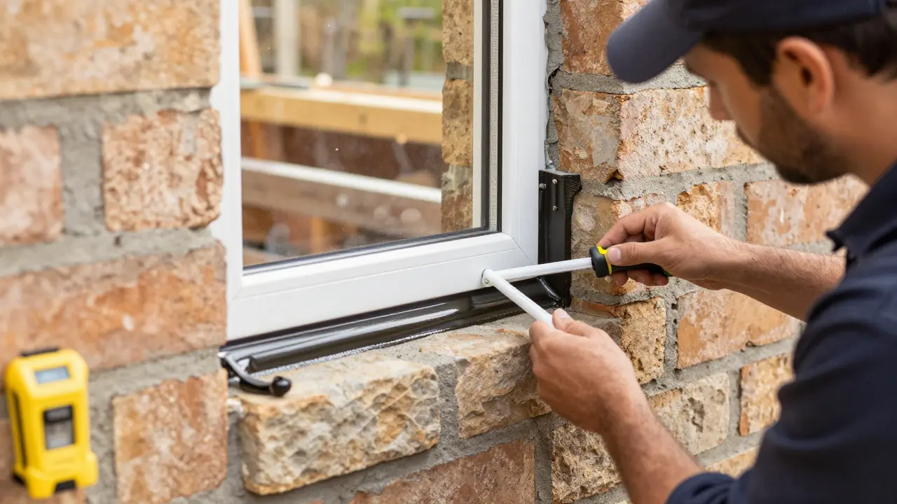 Handwerker installiert wasserdichtes Fenster mit spezieller Dichtung im Mauerwerk