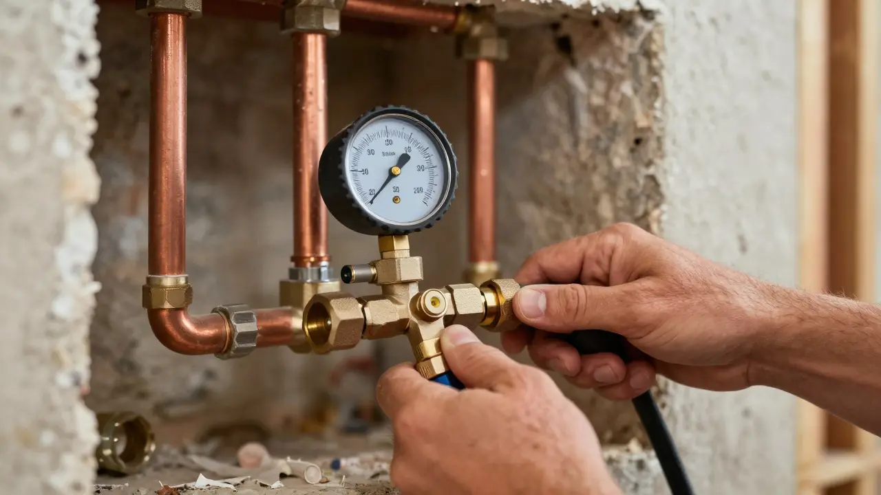 Handwerker verbindet Druckprüfpumpe mit Wasserleitungen zur Dichtheitsprüfung