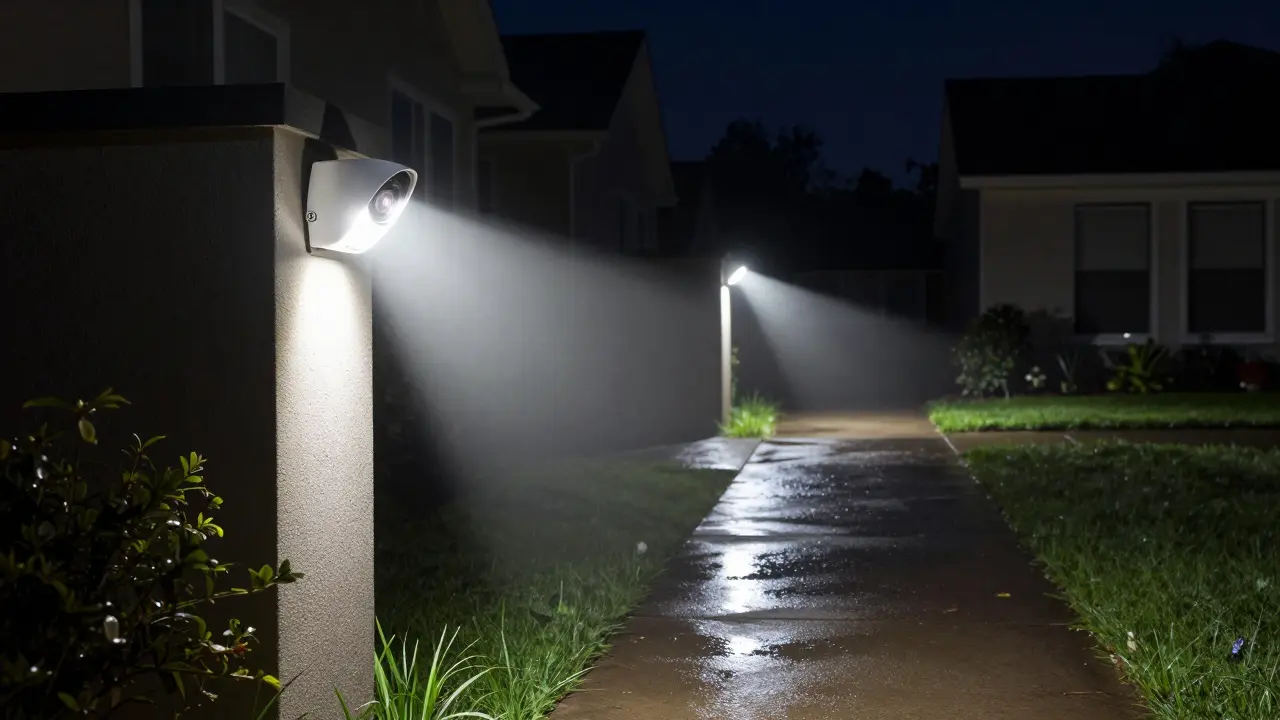 Haus bei Nacht mit aktivierten Außenleuchten und Überwachungskamera.
