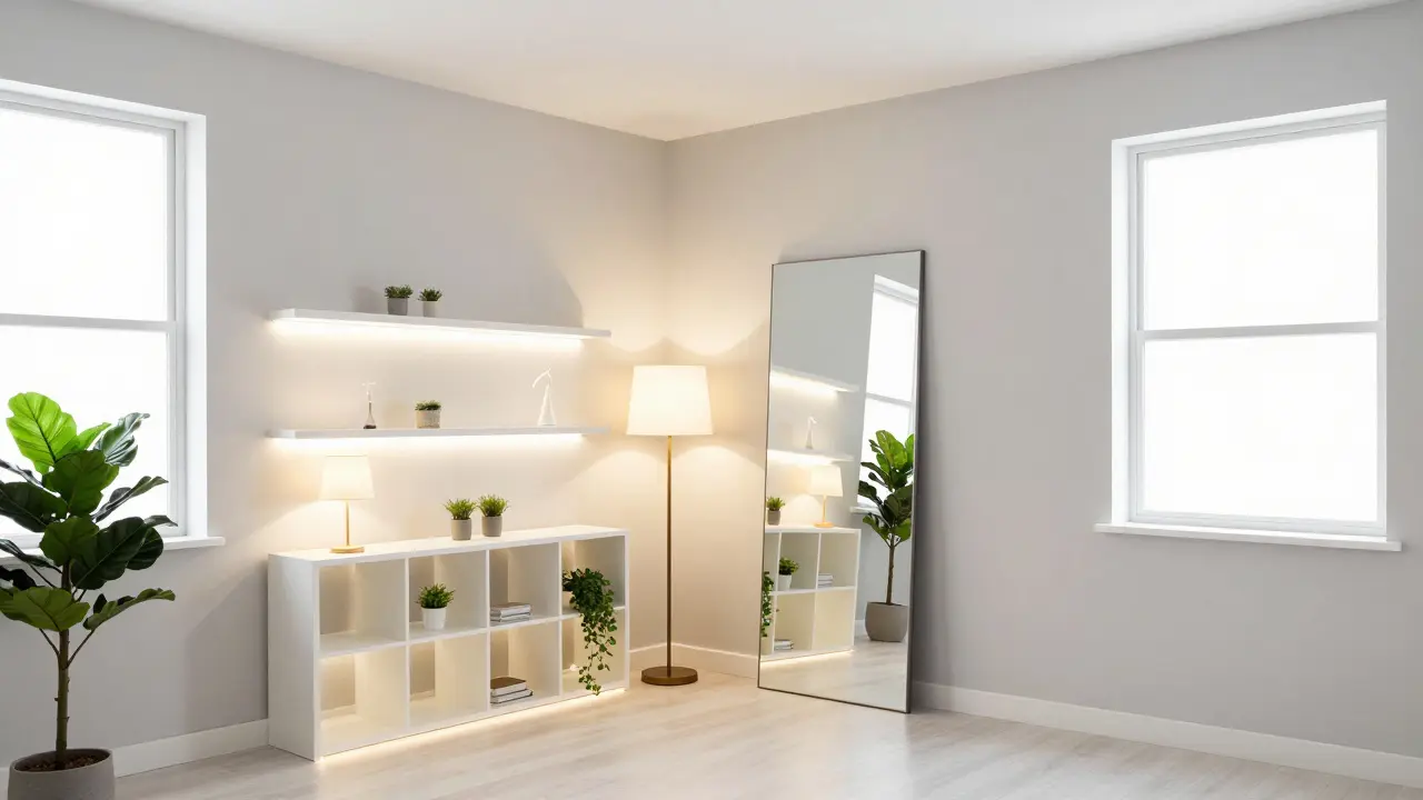 Helles kleines Wohnzimmer mit Spiegeln und warmer Beleuchtung