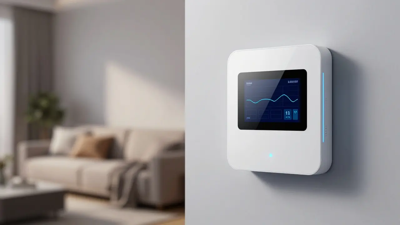 Intelligentes Energiemanagementsystem und Smart Meter an der Wand im modernen Wohnzimmer