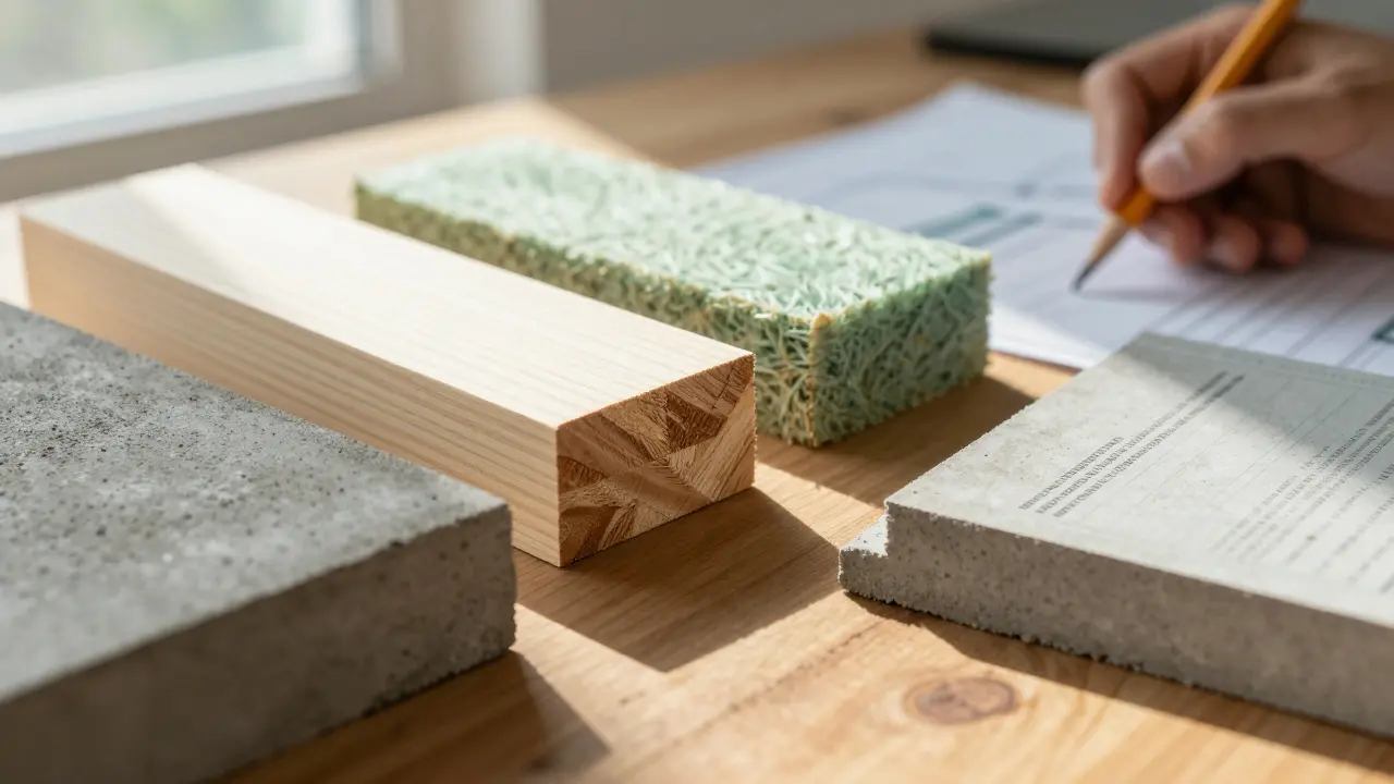 Nachhaltige Baustoffe wie Holz und Hanf auf einem Architektenplan